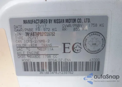 2018 Nissan Sentra S/Sl/Sr/Sv from USA, damaged, VIN 3N1AB7AP8JY239762